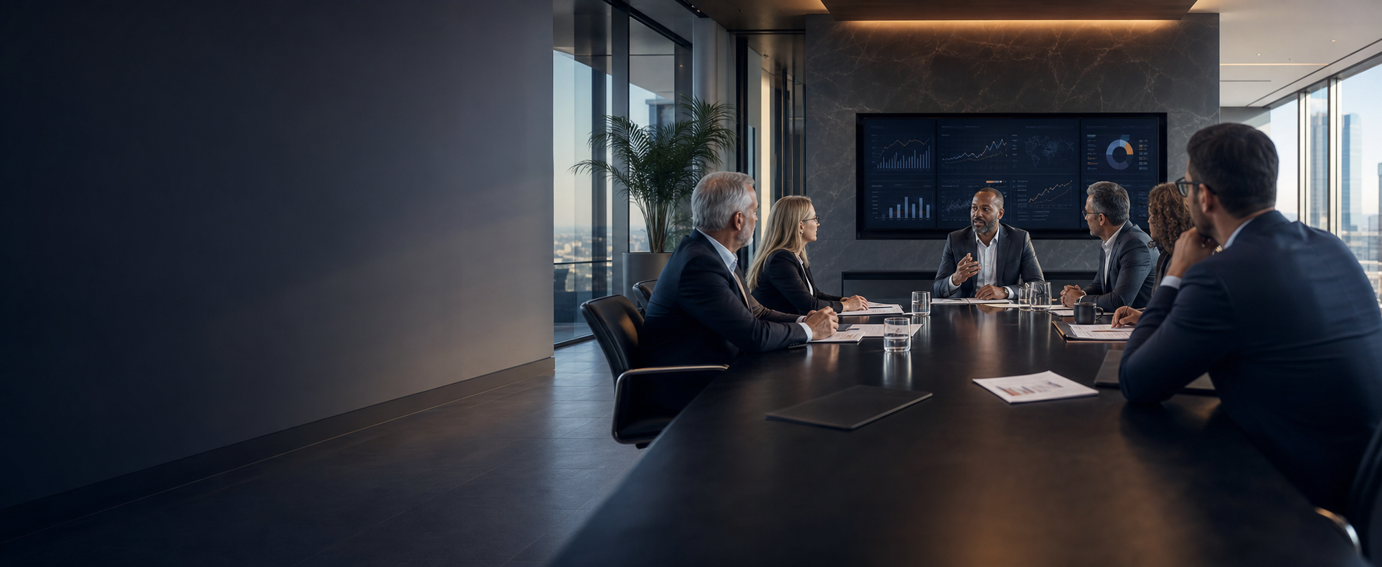 Executivos analisando indicadores e estratégia empresarial